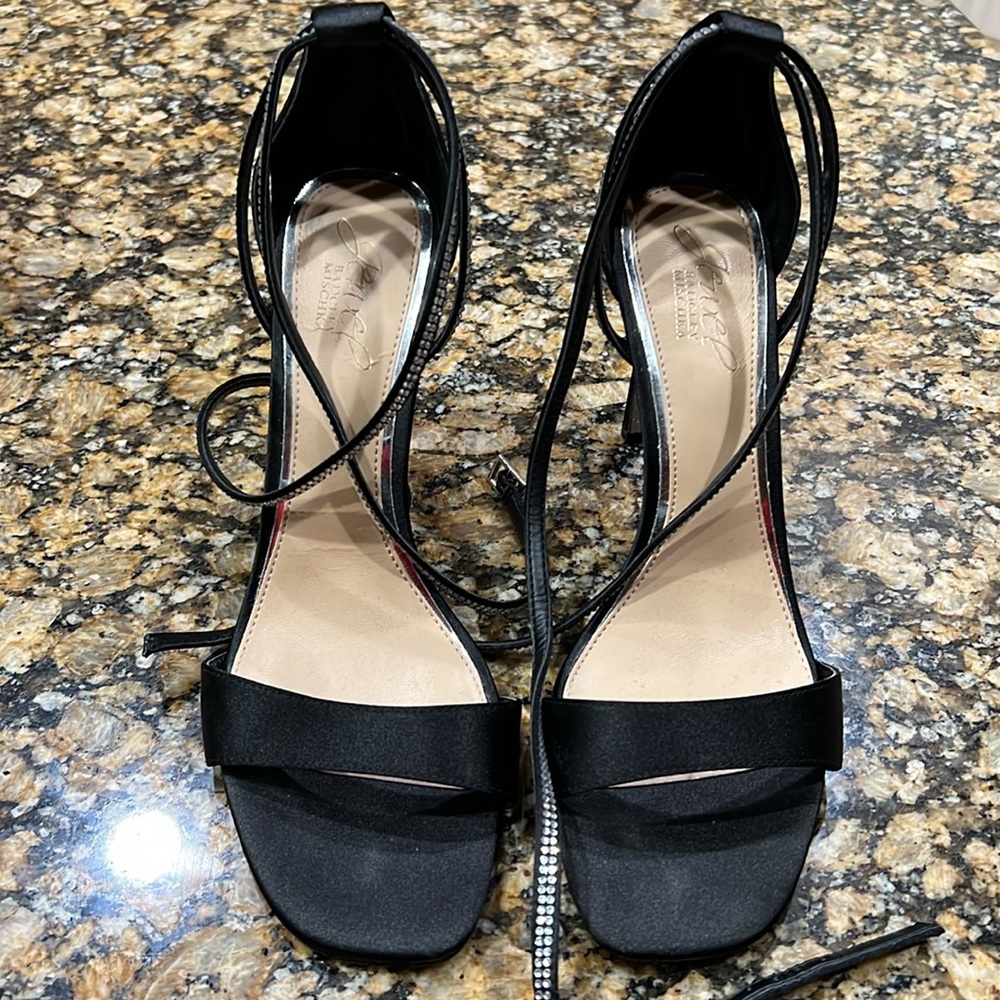Badgley Mischka double ankle wrap embellished satin sandals - Picture 5 of 6